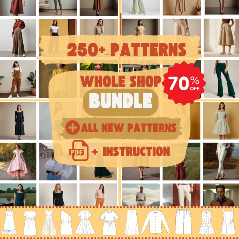 Puede incluir: Un collage de im&aacute;genes que muestran varios patrones de ropa, con una gran pancarta en el centro que anuncia una venta del 70% de descuento en un paquete de m&aacute;s de 250 patrones. El texto de la pancarta dice "250+ PATTERNS WHOLE SHOP BUNDLE 70% OFF + ALL NEW PATTERNS PDF + INSTRUCTION".