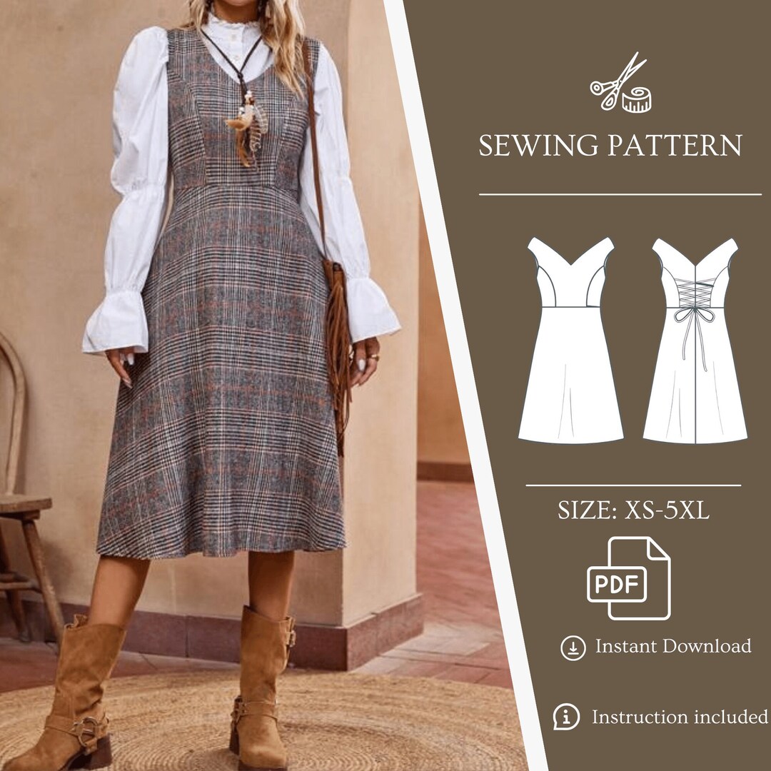 Sleeveless V neck Sewing Pattern Dress High Waist A line Dress PDF