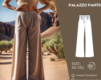 Palazzo Trousers Sewing Pattern, XS-5XL, Pockets Pants, PDF Instant Download Pattern in A4, US Letter or A0, Classic Pants