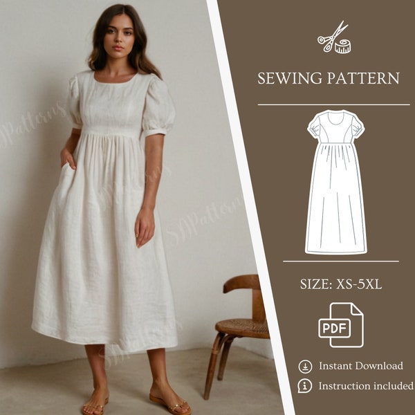 Woman Bishop Sleeve Dress Pattern , Pockets Linen Dress , PDF Sewing Pattern , Gathered Skirt, Short Bishop Sleeve, A-Line Empire Waist