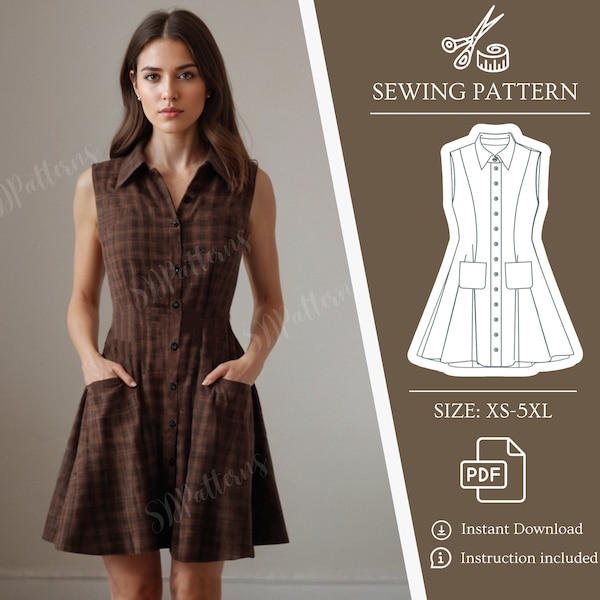 Button Dress Sewing Pattern , Dress Sewing Pattern , Pockets Dress Pattern , Sleeveless Dress Sewing Pattern , Collared Dress, Shirt Dress