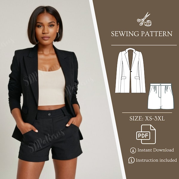 Set Shorts und Blazer Schnittmuster, Bundle-Projekt, Jacke Schnittmuster, Kurze Faltenmuster, Blazer Nähen, Hohe Taille Taschen Shorts,