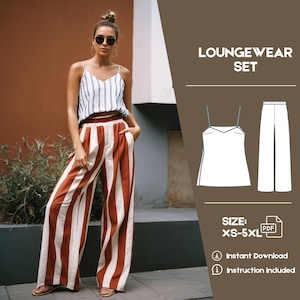 Peut inclure: Un patron de téléchargement numérique pour un ensemble de vêtements de détente. L'ensemble comprend un débardeur blanc et un pantalon large à rayures rouges et blanches. Le patron est disponible dans les tailles XS-5XL. Le texte "LOUNGEWEAR SET" et "SIZE: XS-5XL" est inclus dans l'image.