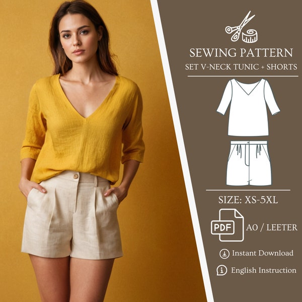 Set Linen V-neck Tunic and Pleated Shorts, PDF Sewing Pattern, Bundle Patterns, Half Sleeve, Linen Summer Capsule Wardrobe