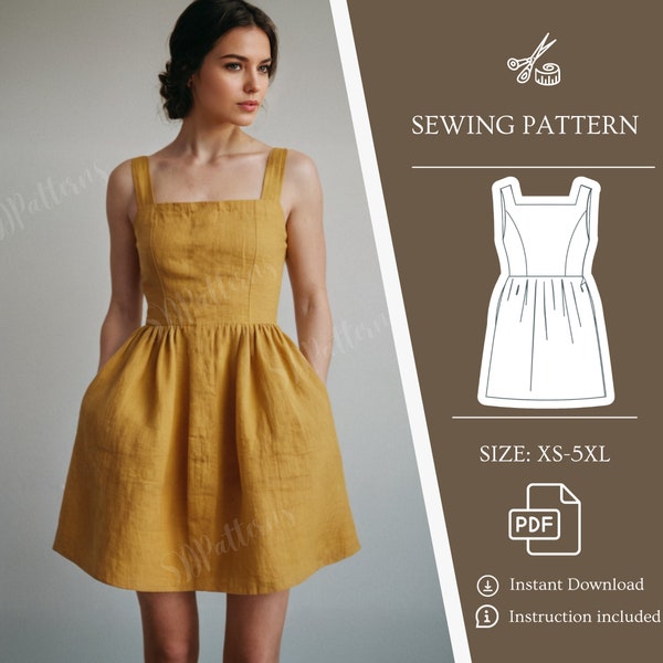 Linnen jurk naaipatroon, vierkant jurkpatroon, zomerjurk PDF-patroon, A0 naaipatroon, beginners naaipatroon