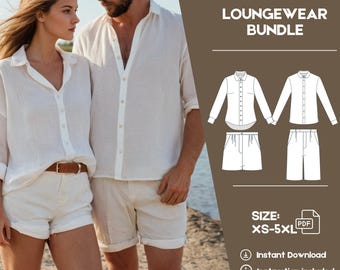 Summer Sewing Pattern Bundle Women Men, Loungewear Pattern, Linen Blouse and Shorts Sewing Pattern, Loose Shorts Pattern, Easy Instructions