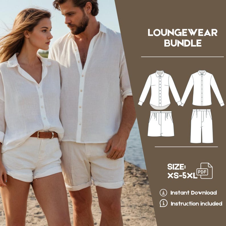 Puede incluir: Un patr&oacute;n de descarga digital para un conjunto de ropa de estar por casa, que incluye una camisa de manga larga y pantalones cortos. El patr&oacute;n est&aacute; disponible en tallas XS-5XL. La imagen muestra a una pareja vistiendo el conjunto de ropa de estar por casa en blanco.