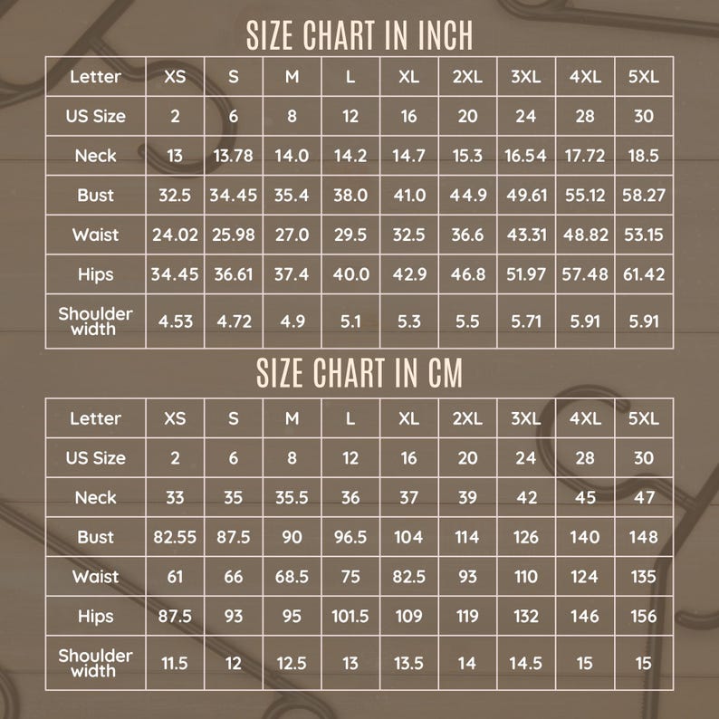 May include: Size chart in inches and centimeters for clothing sizes XS to 5XL. The chart includes measurements for neck, bust, waist, hips, and shoulder width.
