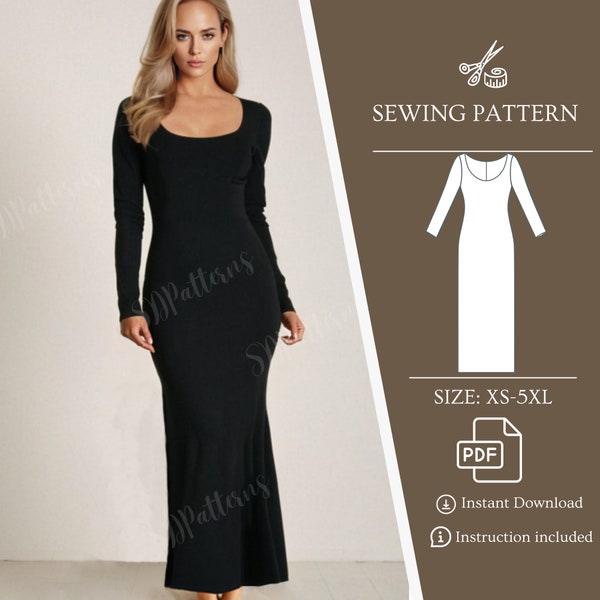 Sewing Dress, Evening Dress XS - 5XL, bodycon dress, long dress, PDF Pattern for formal dress