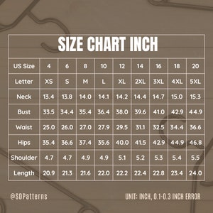 May include: Size chart for clothing in inches, showing measurements for neck, bust, waist, hips, shoulder, and length. Sizes range from XS to 5XL.