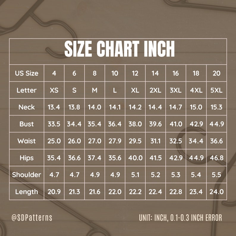 May include: Size chart for clothing in inches, showing measurements for neck, bust, waist, hips, shoulder, and length. Sizes range from XS to 5XL.