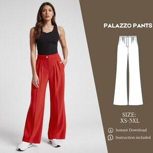 May include: A red palazzo pants sewing pattern with a woman wearing the pants. The pattern includes instructions and is available in sizes XS-5XL.  PALAZZO PANTS, SIZE: XS-5XL, Instant Download, Instruction included.