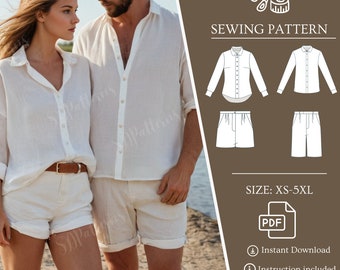 Summer Sewing Pattern Bundle Women Men, Loungewear Pattern, Linen Blouse and Shorts Sewing Pattern, Loose Shorts Pattern, Easy Instructions