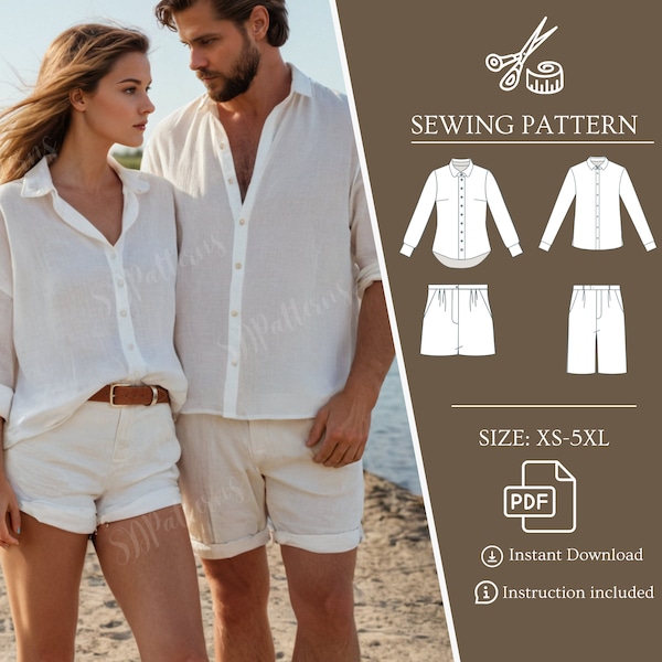 Summer Sewing Pattern Bundle Women Men, Loungewear Pattern, Linen Blouse and Shorts Sewing Pattern, Loose Shorts Pattern, Easy Instructions