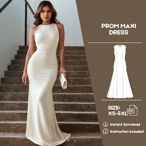 May include: A white maxi dress sewing pattern for sizes XS-5XL. The pattern includes instructions and is available for instant download as a PDF.