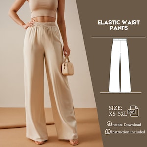 Modello di cucito per pantaloni palazzo, pantaloni a gamba larga, elastico in vita, modelli di cucito PDF, istruzioni passo passo, taglie USA XS-5XL