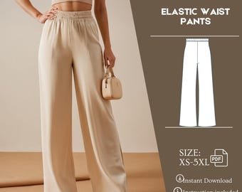 Palazzo Pants Sewing Pattern, Wide Leg Pants, Elastic Waist, PDF Sewing Patterns, Step-by-Step Instructions, XS-5XL US Size