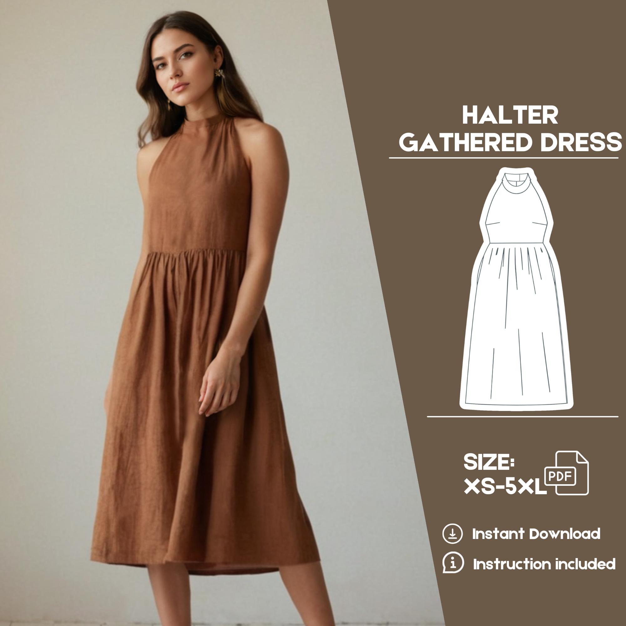 Linen Gathered Dress with Stand Collar, Halter Neckline, Midi Summer Dress, Pockets Sleeveless Dress, Pattern PDF, Instant Download