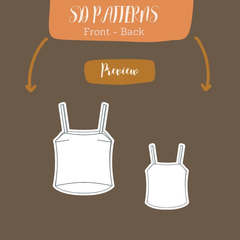 Puede incluir: Un patr&oacute;n de costura digital para una blusa sin mangas, que muestra las vistas frontal y posterior. El patr&oacute;n es para una blusa simple y ajustada con un escote recto y tirantes finos.
