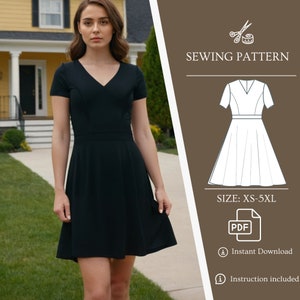 V-Neck Sewing  Dress Pattern, Easy sewing PDF Pattern, Circle skirt, Short Sleeve, Back Zipper, XS-5XL