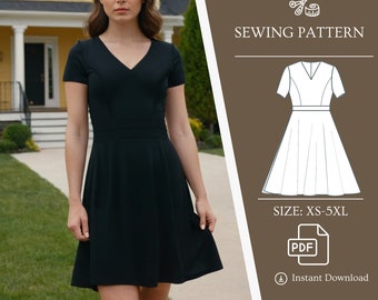 V-Neck Sewing  Dress Pattern, Easy sewing PDF Pattern, Circle skirt, Short Sleeve, Back Zipper, XS-5XL