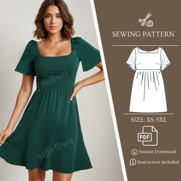 Babydoll dress sewing pattern square neckline sew dress graduation short sleeve A4/Letter PDF Print Pattern