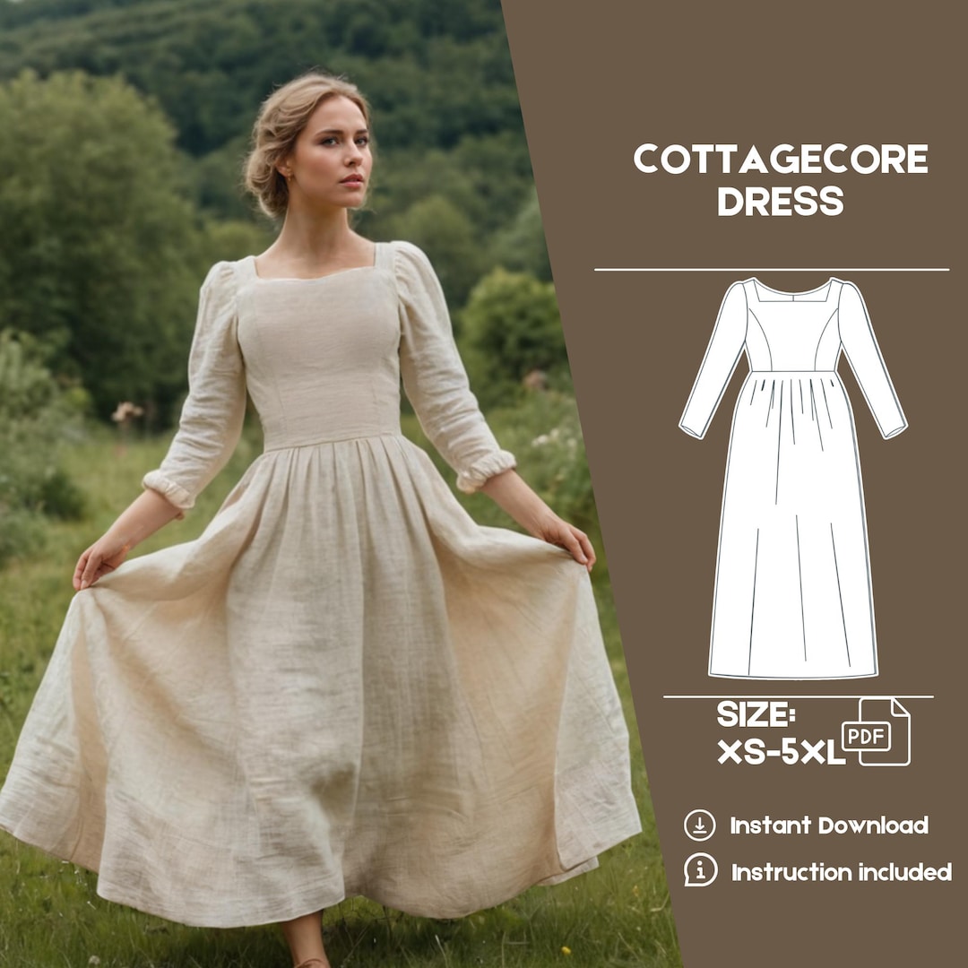 Linen Cottagecore Dress, Sewing PDF Pattern Dress, Puff Sleeve Dress ...