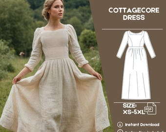 Linen Cottagecore Dress, Sewing PDF Pattern Dress, Puff Sleeve Dress, Square Florentine Neckline, Renaissance Fair Dress, Renaissance