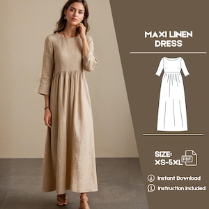 Puede incluir: Un patrón de costura digital para un vestido maxi de lino. El patrón incluye tallas XS-5XL y está disponible para descarga instantánea. Se incluyen instrucciones.
