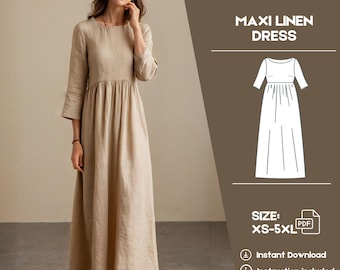 Long Linen Dress Patter Easy dress pattern pdf Cottagecore dress Linen Dress Boho Dress Sewing Pattern