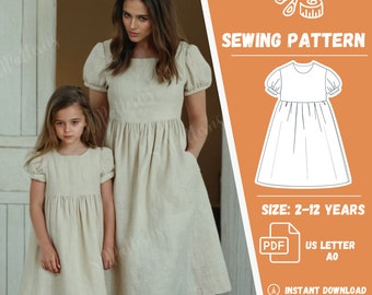 Girl and Woman Bishop Sleeve Dress Pattern | Linen Dress | PDF Sewing Pattern | Gathered Dress | Short Sleeve | A-Line Empire Dress