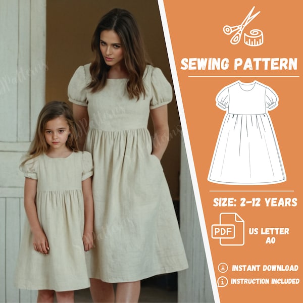 Girl and Woman Bishop Sleeve Dress Pattern | Linen Dress | PDF Sewing Pattern | Gathered Dress | Short Sleeve | A-Line Empire Dress