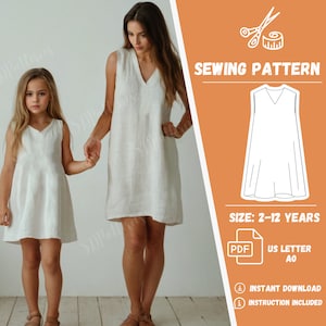 Vestido madre hija, vestido de lino sin mangas con escote en V, conjunto de vestido, patrón de costura en PDF, patrón de letras estadounidenses A0, 2 a 12 años, XS-5XL