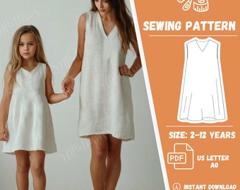 Set Dress Mother Daughter, Linen Sleeveless V-Neck Dress, Bundle Set Dress, PDF Sewing Pattern, A0 US Letter Pattern, 2-12 years old, XS-5XL