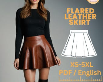 Skater Skirt Sewing Pattern, Flared Skirt PDF Pattern, Leather Skirt, Digital Pattern, Sizes XS-5XL, Instant PDF Download