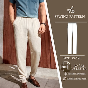 Puede incluir: Un patrón de costura para un pantalón de lino beige. El patrón incluye instrucciones para las tallas XS-5XL y está disponible en formato A0/A4. El patrón está disponible para descarga instantánea e incluye instrucciones en inglés.