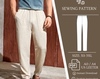 Men's Linen Pants Pockets Elastic Waist Sewing Pattern PDF Men's Pants Pattern, Men's Summer Pants, Men's Beach Trouser Pattern