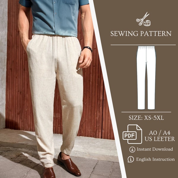 Men's Linen Pants Pockets Elastic Waist Sewing Pattern PDF Men's Pants Pattern, Men's Summer Pants, Men's Beach Trouser Pattern