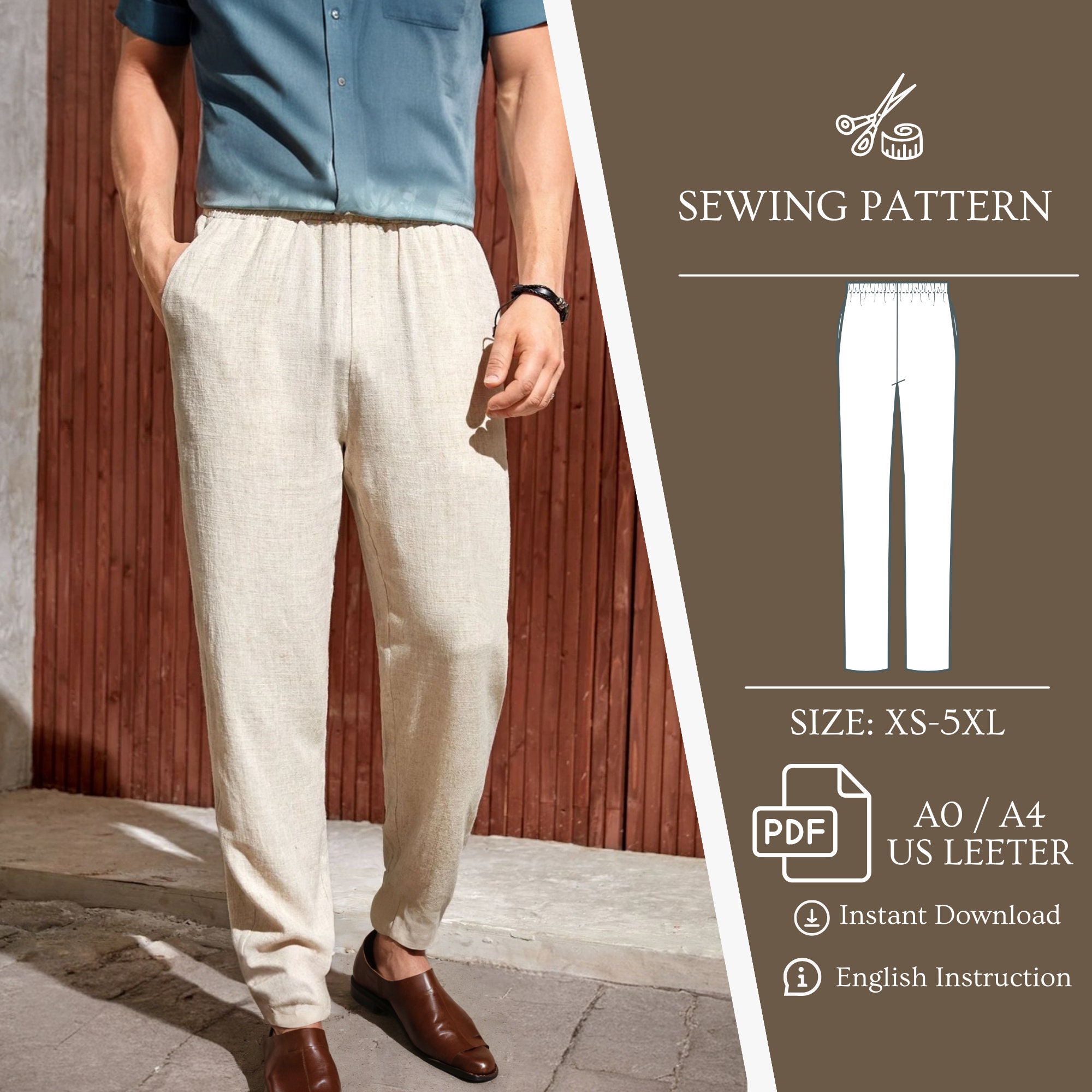 Men's Linen Pants Pockets Elastic Waist Sewing Pattern PDF
