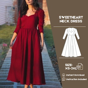Sewing Pattern Dress, Puff Sleeve, Sweetheart Neckline, Circle Skirt, Midi Dress, Long Sleeve Dress, PDF Instant Download, XS-5XL