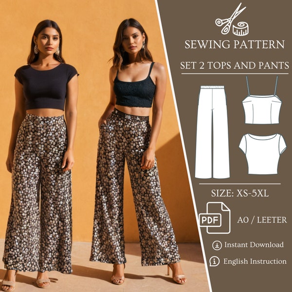 Bundle PDF Sewing Patterns, Wide Leg Pants, Crop Top Boat Neck, Straps Midriff Top, Pockets Palazzo Pants, Wide Leg, Elastic Waist, Gift