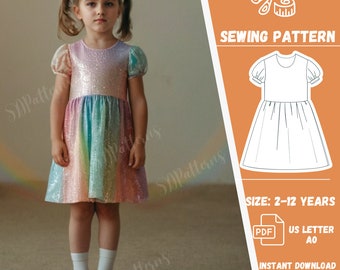 Bishop Sleeve Girl Dress, Sewing Pattern Dress, Princess Girl Dress, 2-12 years old size, PDF Sewing Kids Clothes, Instant Download Pattern