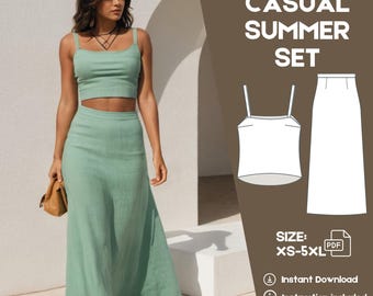 Two-Piece Crop Top and Maxi Skirt Sewing Pattern PDF | XS-5XL Sizes | DIY Summer Outfit | Beginner Friendly Sewing Pattern | Linen Set