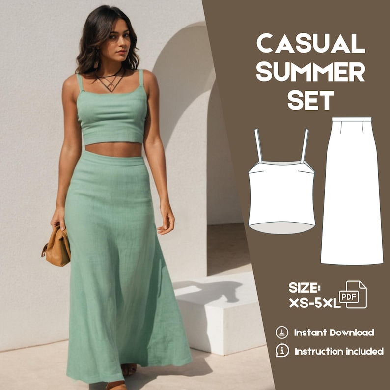 Patrón de costura de dos piezas de top corto y falda larga en PDF / Tallas XS-5XL / Conjunto de verano para hacer uno mismo / Patrón de costura para principiantes / Conjunto de lino imagen 1