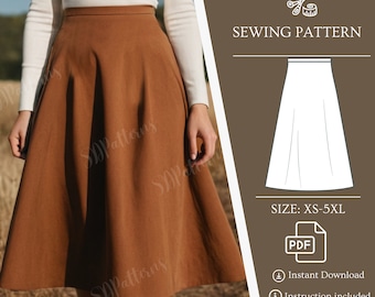 Natural Waist A-Line Skirt Sewing Pattern, Below Knee Midi Skirt, Long Skirt, Easy Digital PDF Pattern, XS-5XL, Instant Download