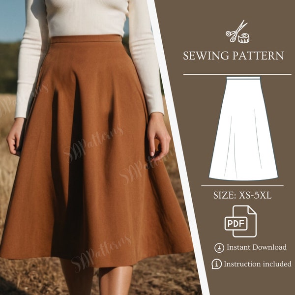 Natural Waist A-Line Skirt Sewing Pattern, Below Knee Midi Skirt, Long Skirt, Easy Digital PDF Pattern, XS-5XL, Instant Download