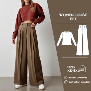 Può includere: Un'illustrazione digitale di un set di top e pantaloni larghi per donna. Il top ha maniche lunghe e un collo rotondo. I pantaloni hanno una vita alta e sono plissettati. Il testo "WOMEN LOOSE SET" è nella parte superiore dell'immagine. Il testo "SIZE: XS-5XL" è nella parte inferiore dell'immagine.