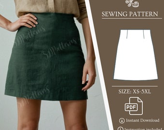 Women Linen High Waist Sewing Skirt Back Zipper PDF Pattern Easy Beginner Patterns