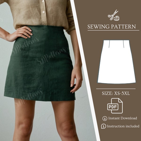 Women Linen High Waist Sewing Skirt Back Zipper PDF Pattern Easy Beginner Patterns