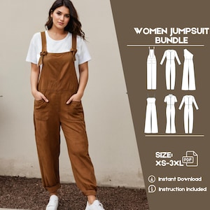 May include: A brown jumpsuit with pockets and a white top. The image also includes a digital download of a women's jumpsuit sewing pattern bundle in various styles. The text on the image reads "Women Jumpsuit Bundle", "Size: XS-3XL", "Instant Download", and "Instruction included".